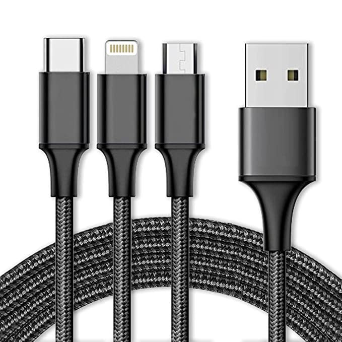 EWANTO 1.2m 3x Adapterkabel USB-C (m), micro USB (m) und für iOS für Apple für iPhone 5 bis 13 X Xr Xs Max für Ipad (m) auf USB-A (m) Kabel 5A, schwarz 3 in 1 JS-0005