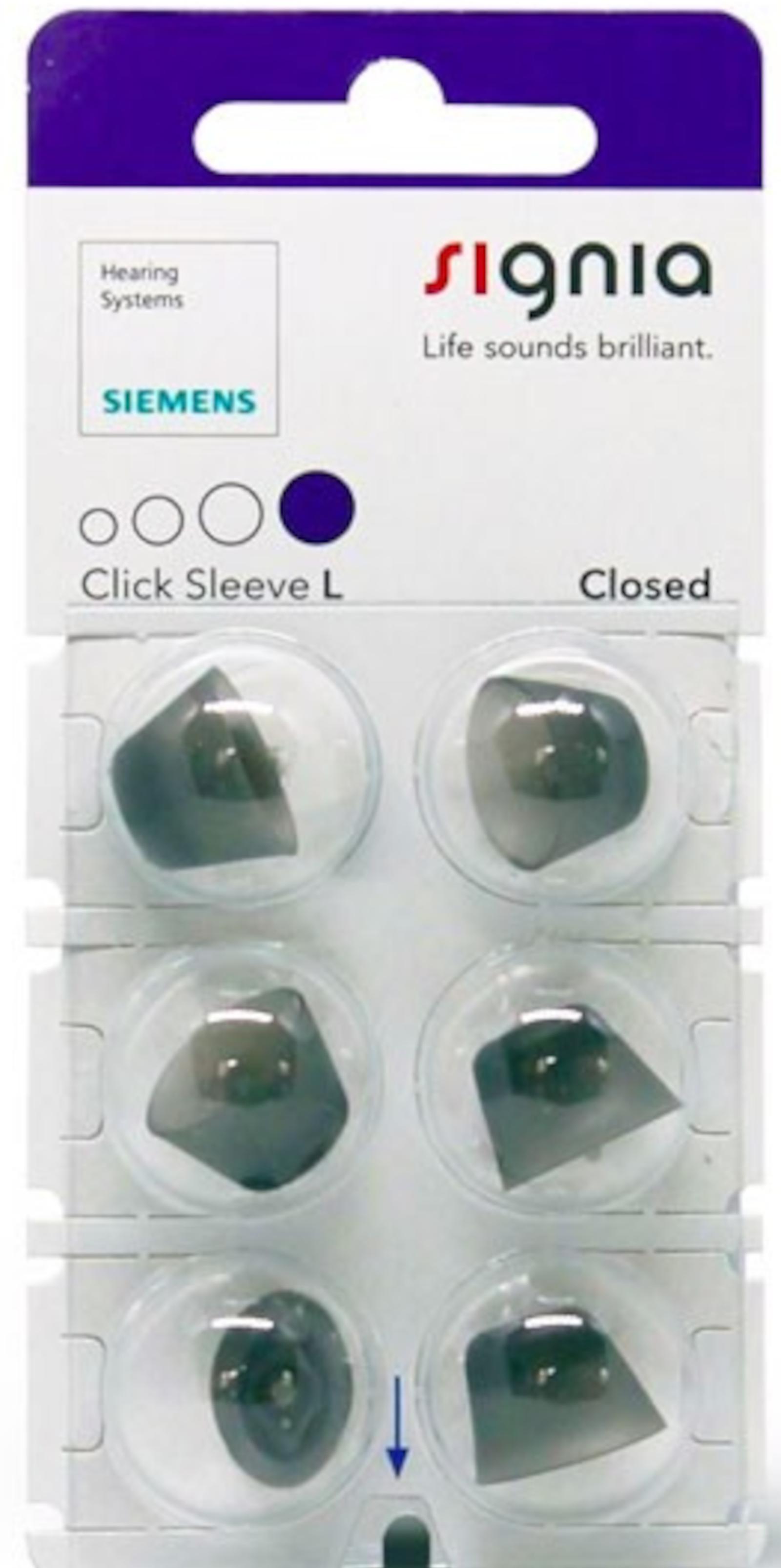 Signia Click Sleeve Closed L Domes 6er Blister Lila Hörgeräteschirmchen Silikon 10951046