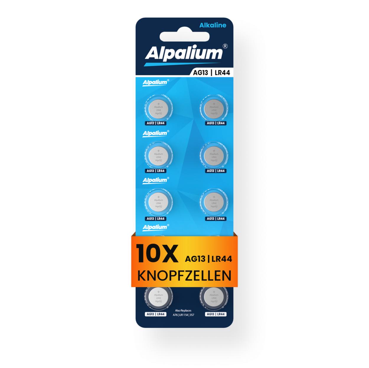 Alpalium AG13 LR44 10er Blister Knopfzelle Alkaline 1154 1,5V BP10 für Spielzeuge Autoschlüssel Taschenrechner 14051013