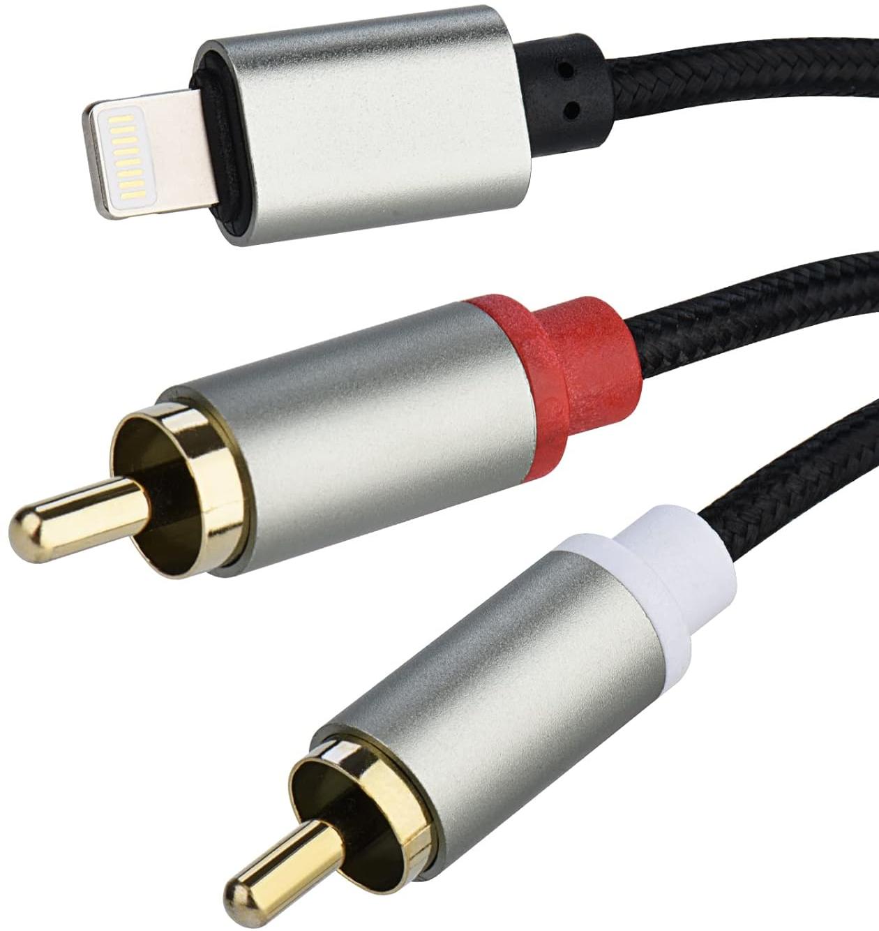 EWANTO 1m Adapterkabel für Apple für iOS iPhone 5 bis 13 X Xr Xs Max Ipad (m) auf 2x Cinch (m) Audiogeflochten Metall Schwarz/Silber Adapterkabel Musik für Apple für iPhone für iPad für iPod für Macbook analog stereo MKNO-010
