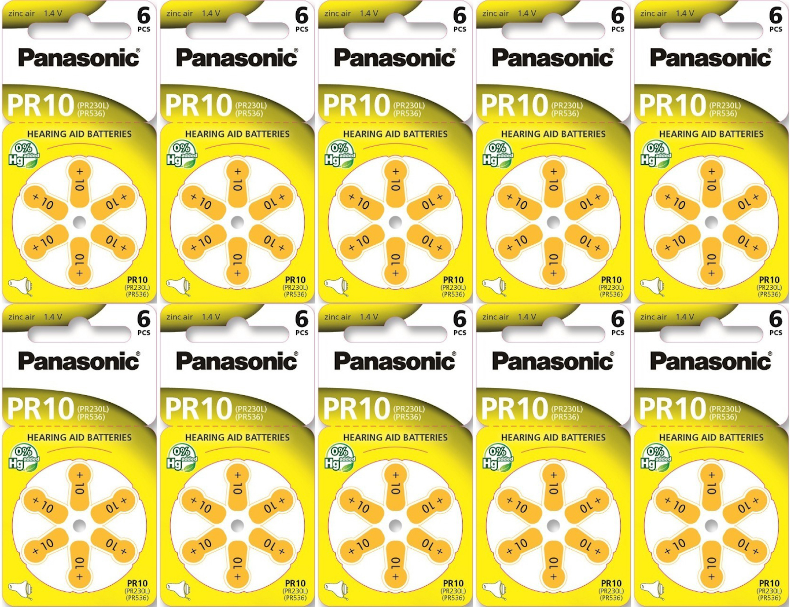 Panasonic 10x Gr. 10 Hörgerätebatterien 6er Blister PR70 Gelb 24610 2A712249