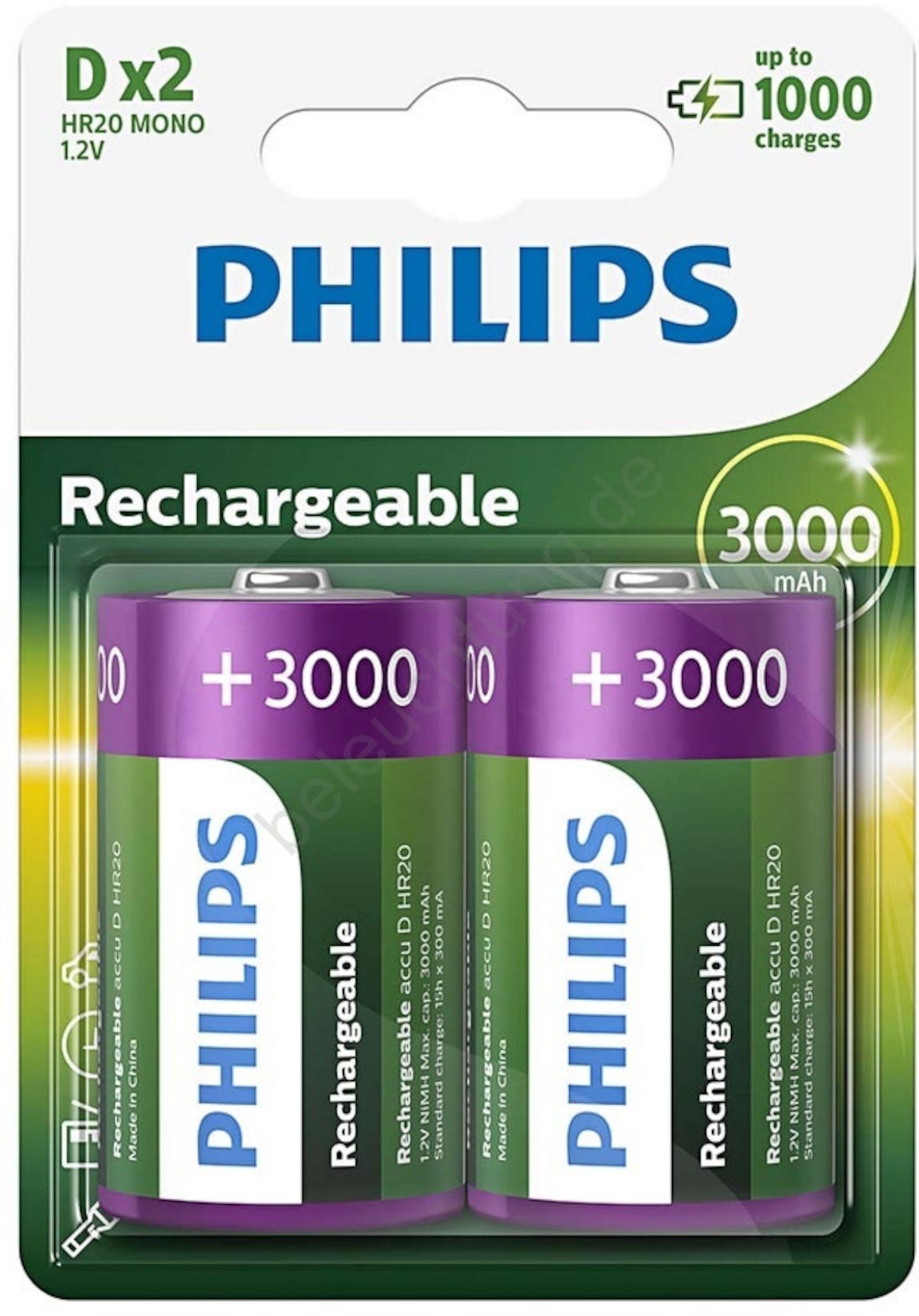 Philips Rechargeable NiMH D/HR20 3000 mAh 2er Blister 1,2 V R20B2A300/10
