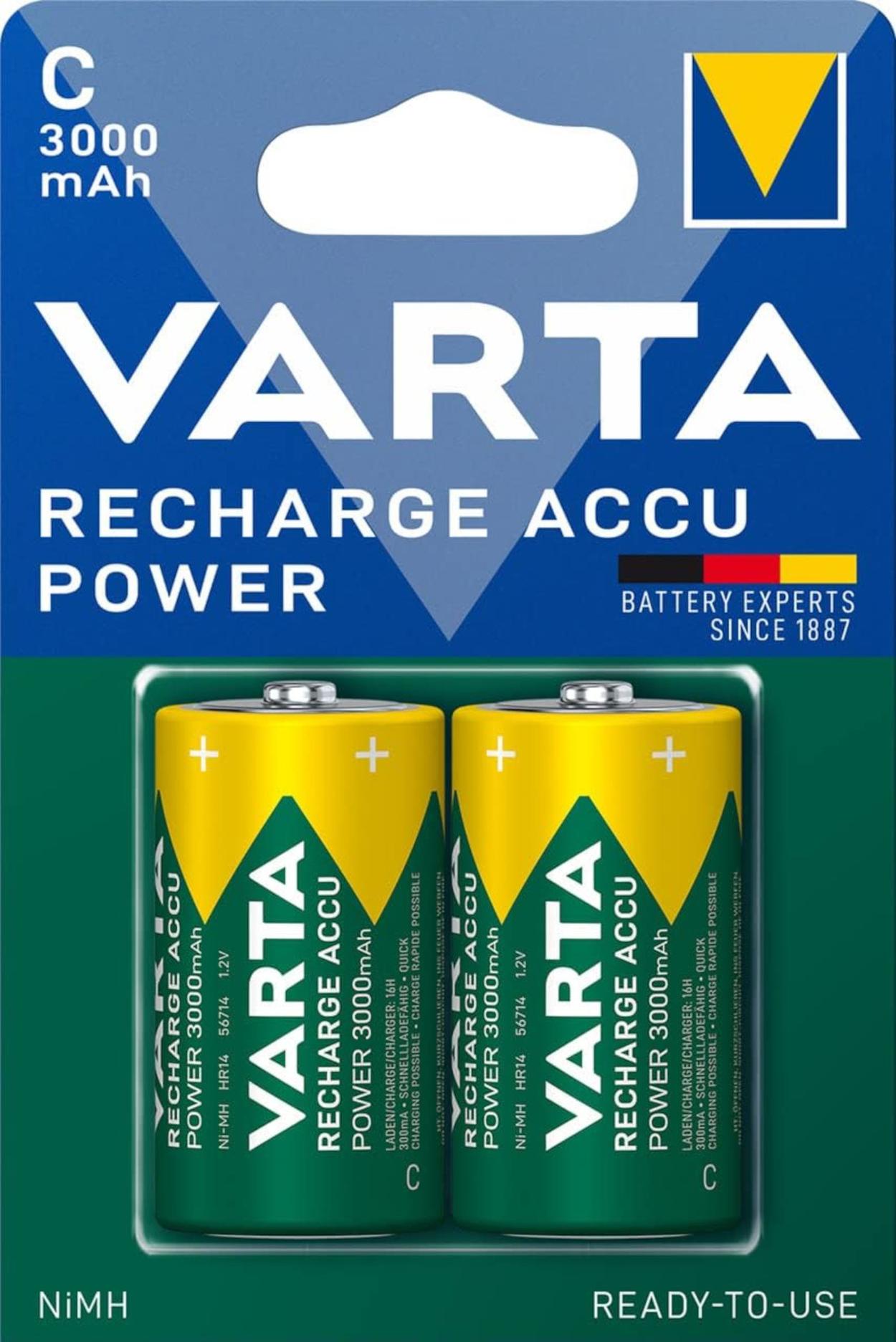 Varta 100x Recharge Accu Power C 2er Blister Baby 3000 mAh 1,2 V NiMH wiederaufladbarer Akku HR14 1/2 Torcia 56714