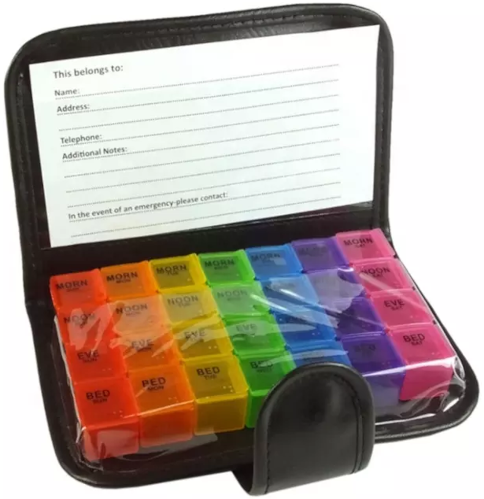 EWANTO Tablettenbox für 7 Tage mit jeweils 4 Fächern Medikamentenbox mit Kunstledertasche Pillendose für Morgens Mittags Abends Nachts mehrfarbig BPA-frei TB-06