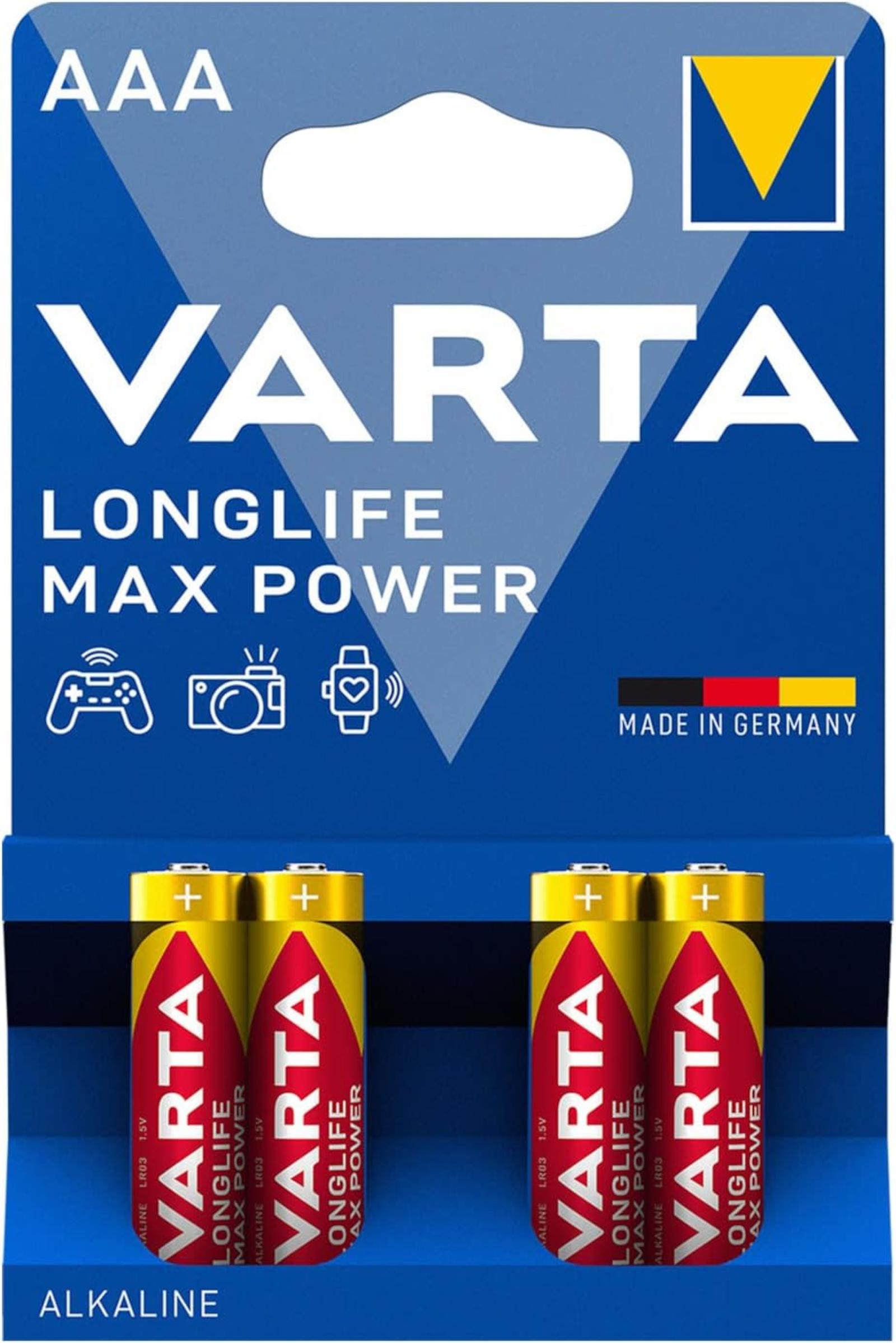 EWANTO_de__L20520__Varta_4703_10438 Varta Longlife Max Power/Max Tech AAA 4703 Batterie Micro LR03 1,5V ALKALINE 4er Blister ideal für Digitalkameras, Spiele Controller, Drohnen, Blutdruckmessgerät etc. 4703