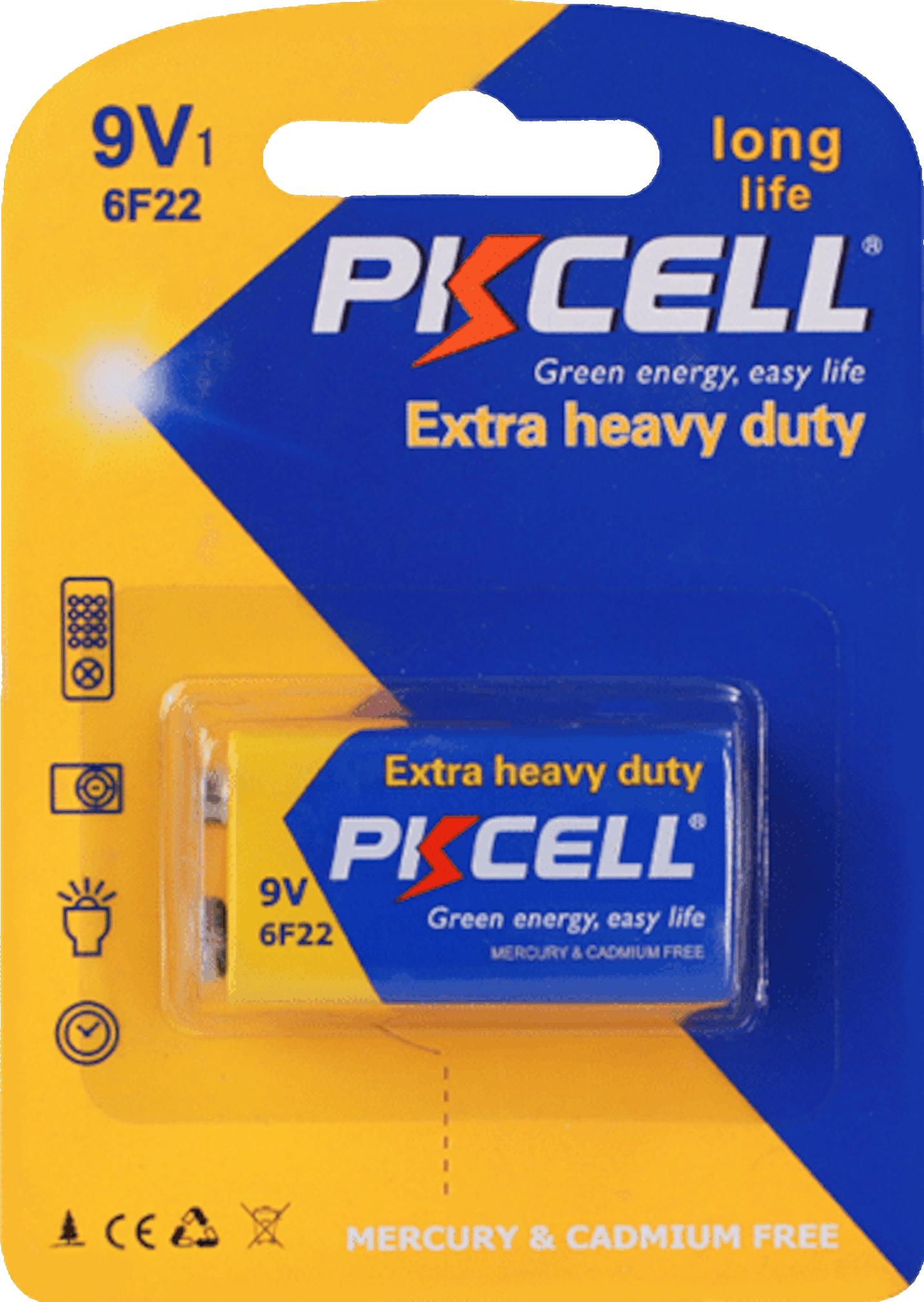 PKCELL Heavy duty Batterie 9V 6F22 Zink-Kohle Blister Blockbatterie Rauchmelder Melder Mikrofone Radio Spielzeug Uhr Multimeter 6F22