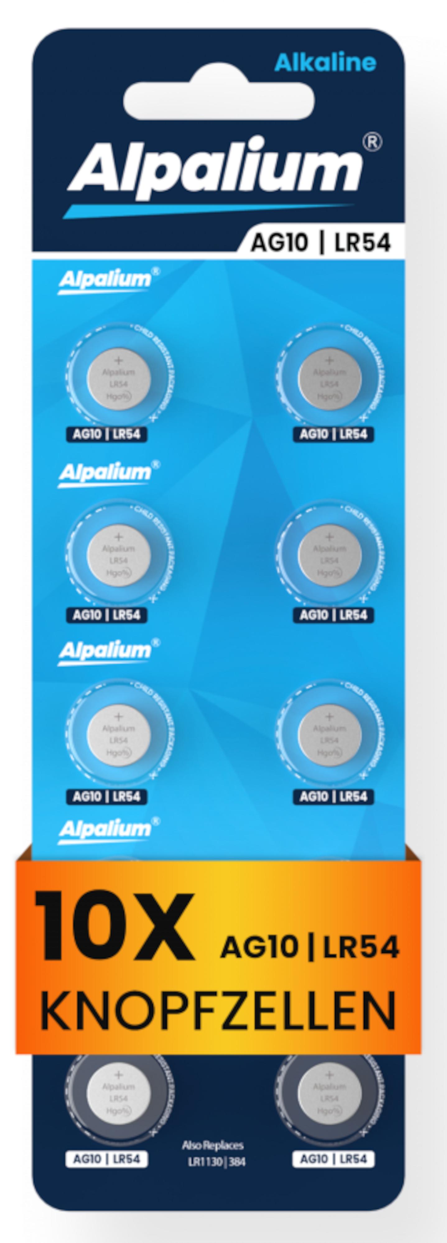 Alpalium AG10 LR54 10er Blister Knopfzelle Alkaline 1130 1,5V BP10 für Spielzeuge Autoschlüssel Taschenrechner 14051010