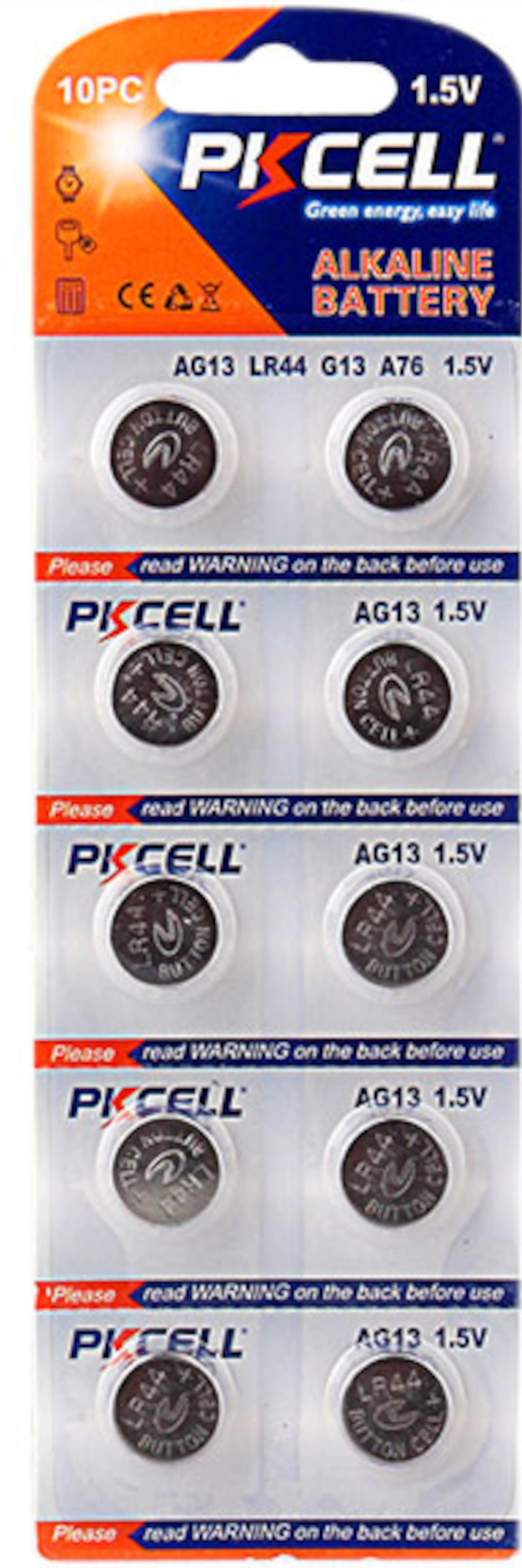 PKCELL 10er Knopfzellen AG13/LR44 Batterie 1,5V 158 mAh Alkaline Blister für Spielzeug Auto-Fernbedienung Taschenrechner AG13