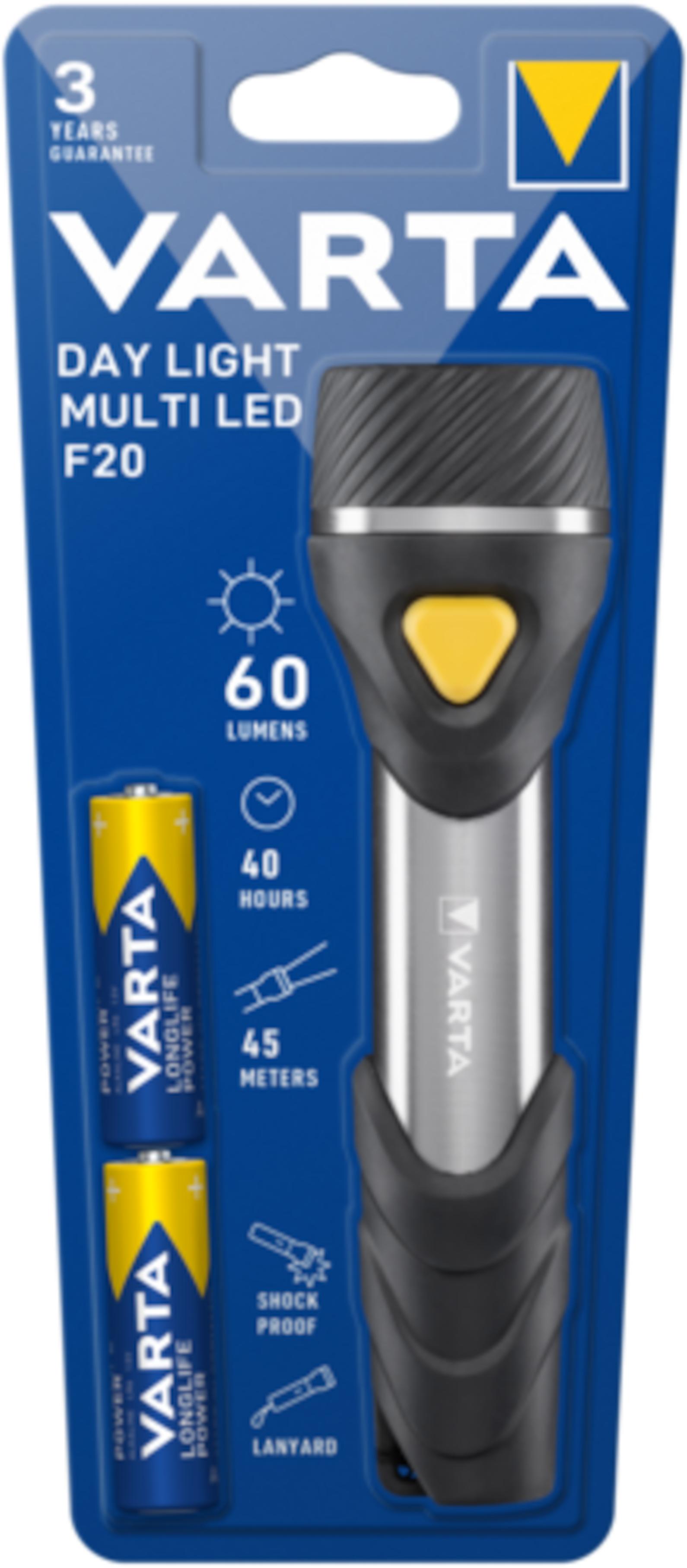 Varta Day Light Multi Taschenlampe mit 9 LEDs inkl. 2x AA Batterien, Day Light Multi LED F20 Leuchte, Taschenleuchte mit Anhänger, Lampe ideal für Haushalt, Angeln, Garage, Notfall, Stromausfall, Outdoor 16632