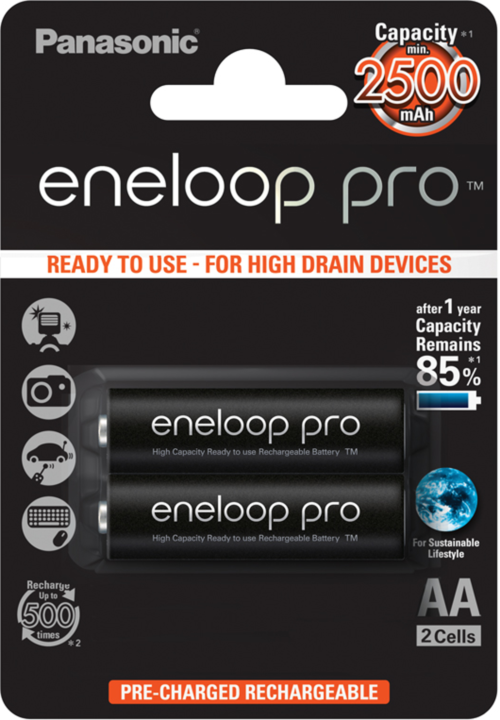 Panasonic Eneloop Pro AA Akku Mignon min. 2500 mAh 2er Blister BK-3HCDE/2BE