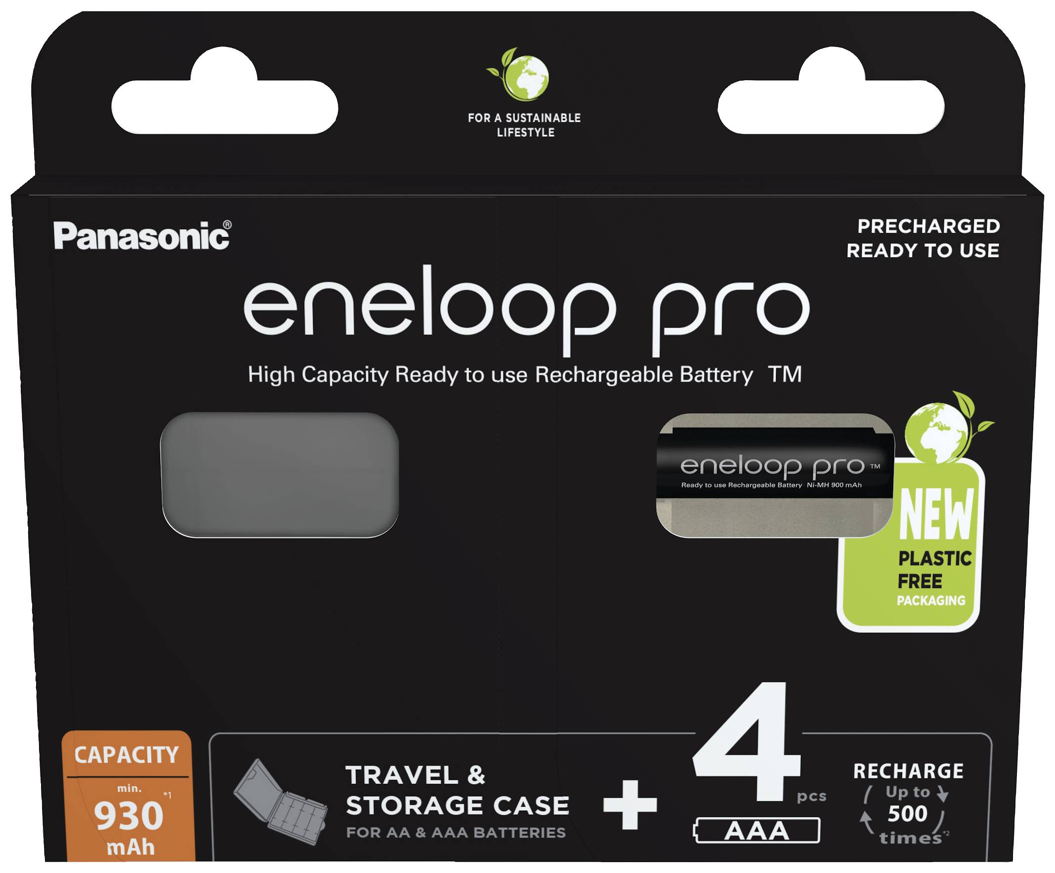 Panasonic Eneloop Pro AAA Batterie 4 Stück (wiederaufladbar) NiMH 930 mAh 1.2 V  plus Reise- und Aufbewahrungsbox BK-4HCDEC4BE