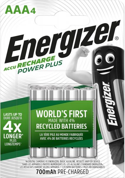 Energizer Power Plus AAA 700 mAh Akku 4er Blister NiMh Micro Accu Recharge 1,2V, HR03 E300850300
