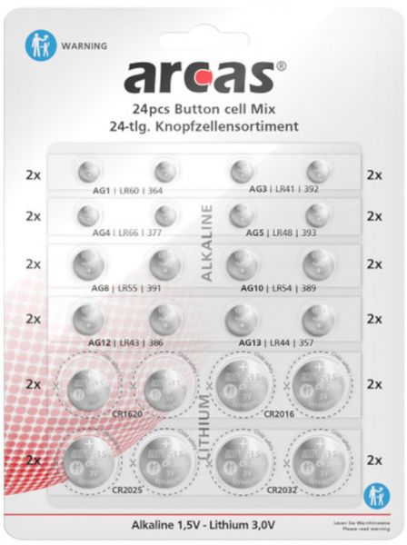 Arcas Knopfzellensortiment 24-teilig AG Alkaline Knopfzellen 1,5V und CR Lithium Knopfzellen 3,0V (2x AG1 / 2x AG3 / 2x AG4 / 2 x AG5 / 2x AG8 / 2x AG10/ 2x AG12 / 2x AG13 / 2x CR1620 / 2x CR2016 / 2x CR2025 / 2x CR2032) 127 52400