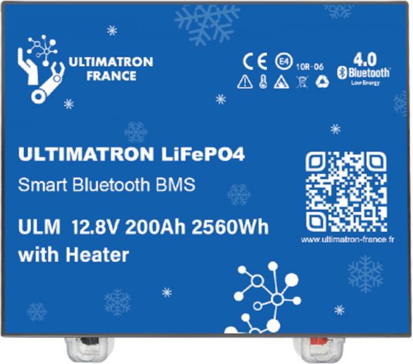 Ultimatron LifePo4 Lithiumbatterie 12,8 V 200Ah ULM-12-200H mit Bluetooth und Smart BMS integriert und Heizung Batterie geeignet für den Einbau unter dem Sitz gem. § 12 Abs. 3 UStG ULM-12-200H