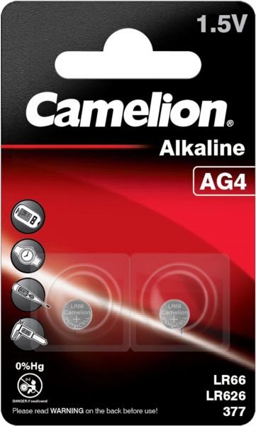 Camelion Knopfzellen-Batterie AG4/LR66/LR626/377 2er Blister Alkaline mit 1,5 Volt, Kapazität 20 mAh 12050204