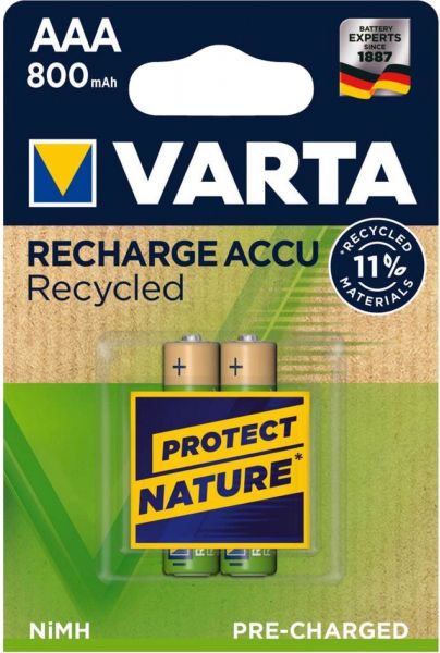Varta Recharge Accu Recycled AAA 800 mAh, wiederaufladbarer 1,2 V micro NiMH Akku, 2er Blister, 11 % Recycelte Materialien, vorgeladen HR03 Ministilo 56813