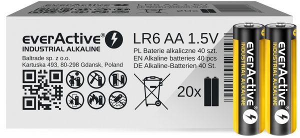 everActive Industrial Alkaline LR6 AA 1,5V Batterie 2700 mAh 40er Packung mit 20 x 2 eingeschweißten Batterien EVLR6S2IK