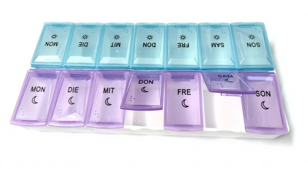 EWANTO Tablettenbox Pillendose Medikamtenbox 7 Tage morgens abends 14 Fächer hellblau/violett HA-36