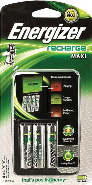 Energizer Maxi Ladegerät inklusive 4x AA 2000 mAh Akku Accu Recharge Maxi geeignet für AA & AAA NiMH Akkus E300321205 E300321205