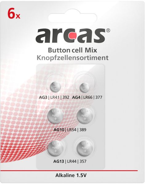Arcas Knopfzellensortiment 6-teilig AG Alkaline Knopfzellen 1,5V (1x AG3 / 1x AG4 / 2x AG10 / 2x AG13) 127 50600