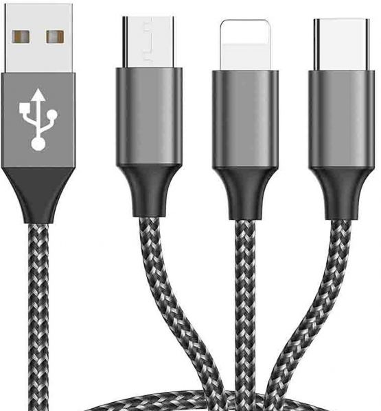 EWANTO 1.2m 3 in 1 Adapterkabel USB-C (m), micro USB (m) und für iOS für Apple für iPhone 5 bis 13 X Xr Xs für Max für Ipad (m) auf USB-A (m) Kabel 5A, Silber JS-0006