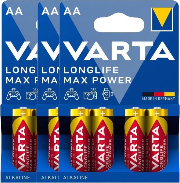 Varta 3x Longlife Max Power Mignon AA Batterie 1,2 VoltALKALINE 4er Blister 4706 LR06 für Ladegeräte, Powerbanks, Wireless-Charger oder Taschenlampen (12 Stück) V4706