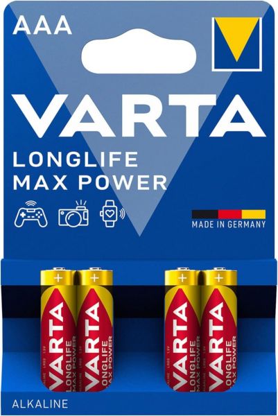 Varta Longlife Max Power/Max Tech AAA 4703 Batterie Micro LR03 1,5V ALKALINE 4er Blister ideal für Digitalkameras, Spiele Controller, Drohnen, Blutdruckmessgerät etc. 4703