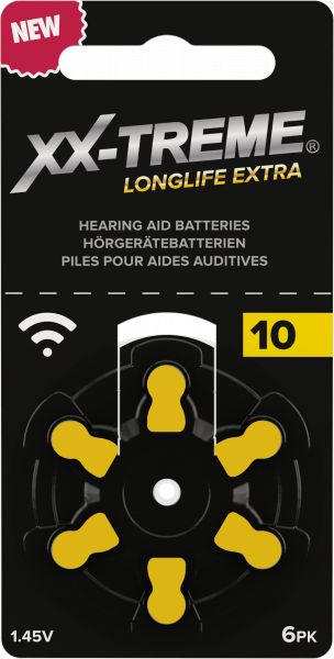 XX-Treme Longlife Extra Hörgerätebatterien Typ 10 konzipiert für höchste Leistung Pack mit 1 Blister à 6 Hörgerätebatterien PR 48 Farbcode gelb 1,45 Volt 1021DEY