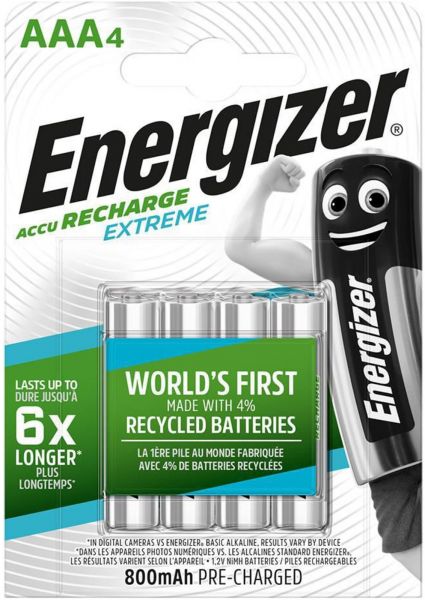 Energizer Akku AAA Recharge Extreme NiMH Micro Mini Stilo 800 mAh vorgeladen 4er Blister E300624406 E300624406