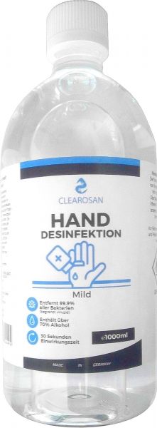 CLEAROSAN Mildes Hand Desinfektionsmittel 1000ml Flasche - entfernt 99,9% aller Bakterien (bakterizid), Pilze (fungizid) und Viren (begrenzt viruzid), >70% Alkohol, Händedesinfektionsmittel Made in Germany LBCD1000