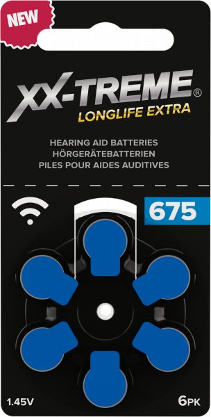 XX-Treme Longlife Extra Hörgerätebatterien Typ 675 konzipiert für höchste Leistung Pack mit 1 Blister à 6 Hörgerätebatterien PR 48 Farbcode blau 1,45 Volt 1021EEE