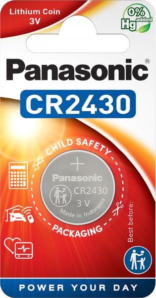 Panasonic 1er Blister Lithium Knopfzelle CR2430 mit 3V Spannung Produktgröße 24,5 mm x 3 mm CR-2430EL/1B