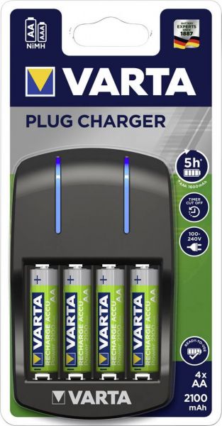 Varta 2x Plug Charger inkl. 4x56706 AA 2100 mAh Akkus praktisches Ladegerät 57647