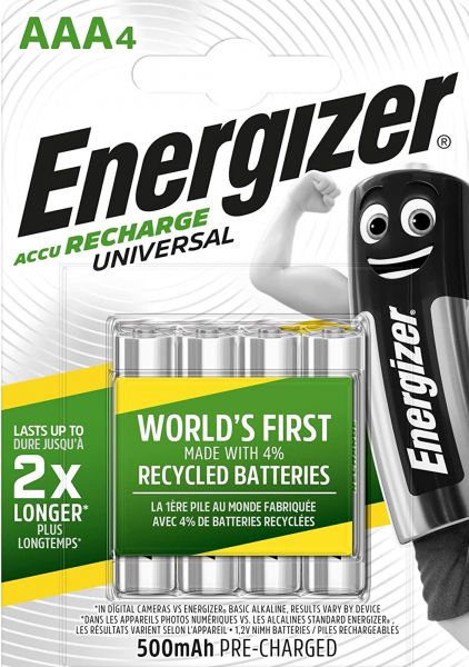 Energizer Recharge Universal AAA 500 mAh Akku 4er Blister NiMh Micro Accu 1,2V, HR03 E301375700