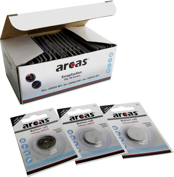 Arcas Knopfzellensortiment 40-teilig Lithium CR Mix Set Knopfzellen 3V (30x CR2032 / 5x CR2025 / 5x CR2016) 13704000