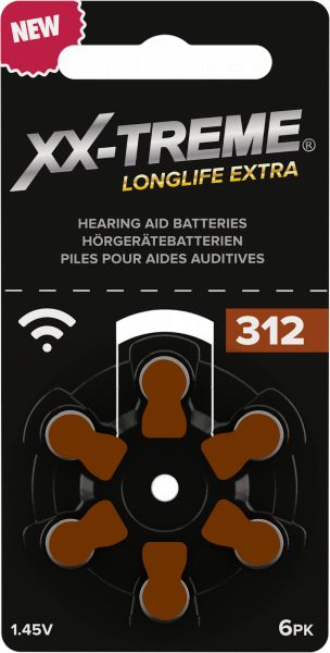 XX-Treme Longlife Extra Hörgerätebatterien Typ 312 konzipiert für höchste Leistung Pack mit 1 Blister à 6 Hörgerätebatterien PR 48 Farbcode braun 1,45 Volt 1021BEQ