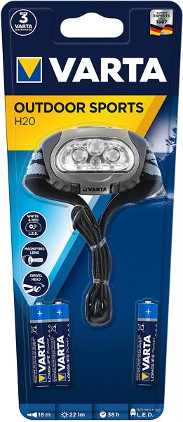 Varta Outdoor Sports H20 Stirnlampe Multifunktions-Kopfleuchte mit 4 High-End LEDs, 2-Stufen-Schaltfunktion, 3x weis 1x rot Kopflampe 17631