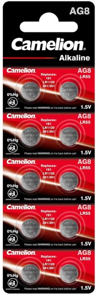 Camelion Alkaline Knopfzelle AG8 LR55 G8 LR1120 191 SR1120W GP91A 391 1,5 V 10er Blister 12051008