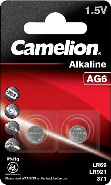 Camelion AG6 Knopfzelle 1,5V Alkaline 2er Blister Alternative Bezeichnungen LR69, LR921 und 371 12050206