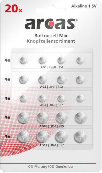 Arcas Knopfzellensortiment 20-teilig AG Alkaline Knopfzellen 1,5V (4x AG1 / 4x AG3 / 4x AG4 / 4x AG10 / 4x AG13) 127 52000