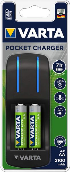 Varta Pocket Charger inkl. 4x56706 AA 2100 mAh Akkus platzsparendes Ladegerät 57642