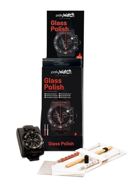 POLYWATCH Glaskratzer Entferner High-Tech für Uhrenglas All-Inclusive Set mit 2 Tuben à 5g, 1 Polierstab und 2x6 Polierstreifen Glass Polish Scratch Remove P11010