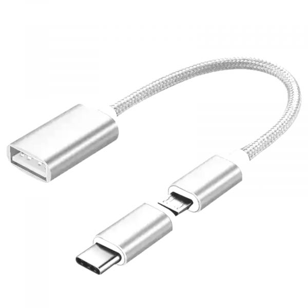 EWANTO 160 mm OTG USB-A 3.0 (w) zu micro USB (m) mit USB-C (m) Weiß/Silber Multi Adapter Adapterkabel UAMWS-01