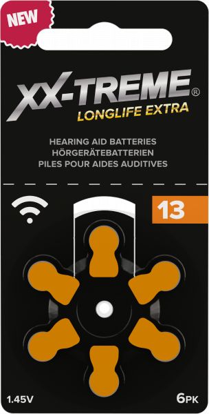 XX-Treme Longlife Extra Hörgerätebatterien Typ 13 konzipiert für höchste Leistung Pack mit 1 Blister à 6 Hörgerätebatterien PR 48 Farbcode orange 1,45 Volt 1021BEY