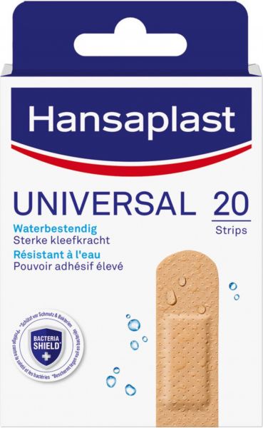 Hansaplast 100x Universal Pflaster, schmutz- und wasserabweisende Wundpflaster Pflaster Set mit starker Klebkraft & Bacteria Shield (20 Strips)