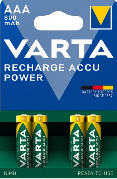 Varta Rechargeable Accu Ready2Use vorgeladener AAA Micro Ni-Mh Akku (4er Blister, 800mAh) 56703/BL4