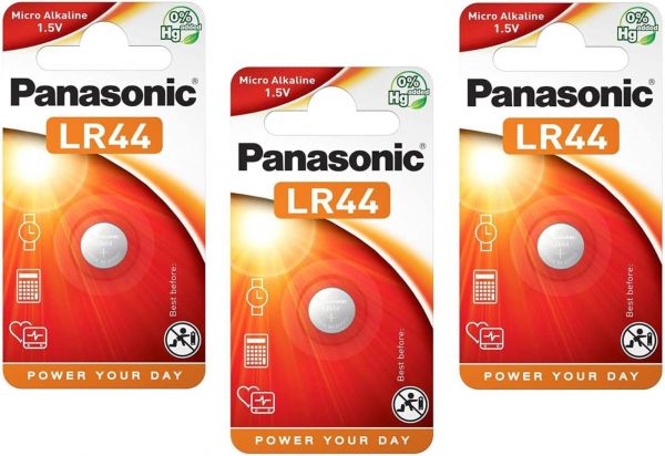 Panasonic 3x Knopfzellen Batterie 1er Blister LR44 AG13 LR1154 V13GA 4276 Alkaline Alkali-Mangan 1,5 V LR44E/1B