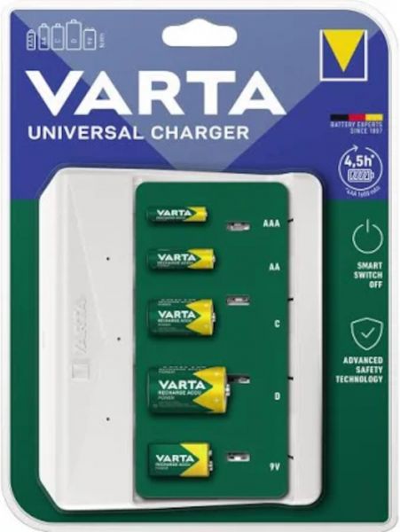 Varta Universal Akku-Ladegerät für wiederaufladbare Batterien 2/4 Zellen AAA 2/4 Zellen AA 2/4 Zellen C 2/4 Zellen D 1 Zelle 9V gleichzeitig Charger unbestückt zuverlässige und schnell 57658