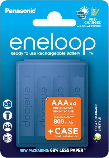 Panasonic eneloop 4er Blister AAA Ni-MH Akkus 800 mAh wiederaufladbar + Batteriebox zur Aufbewahrung von AA & AAA Batterien im Set BK-4MCDEC4BE