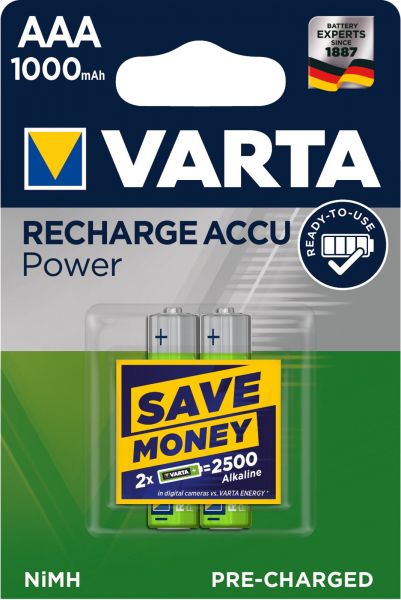 Varta 10x Varta Rechargeable Accu Ready2Use vorgeladener AAA Micro Ni-Mh Akku (2er Blister, 1000 mAh) 5703/BL2